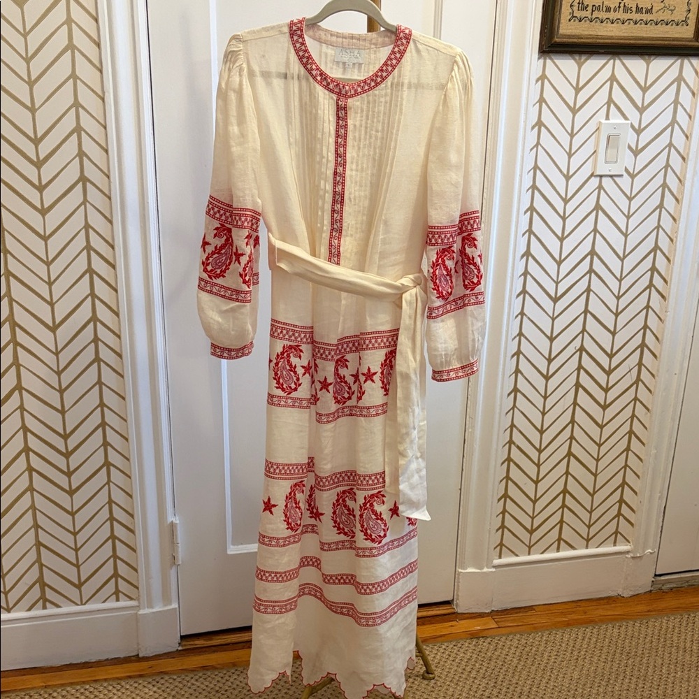 Boho Cream Maxi Dress with Red Embroidered Trim